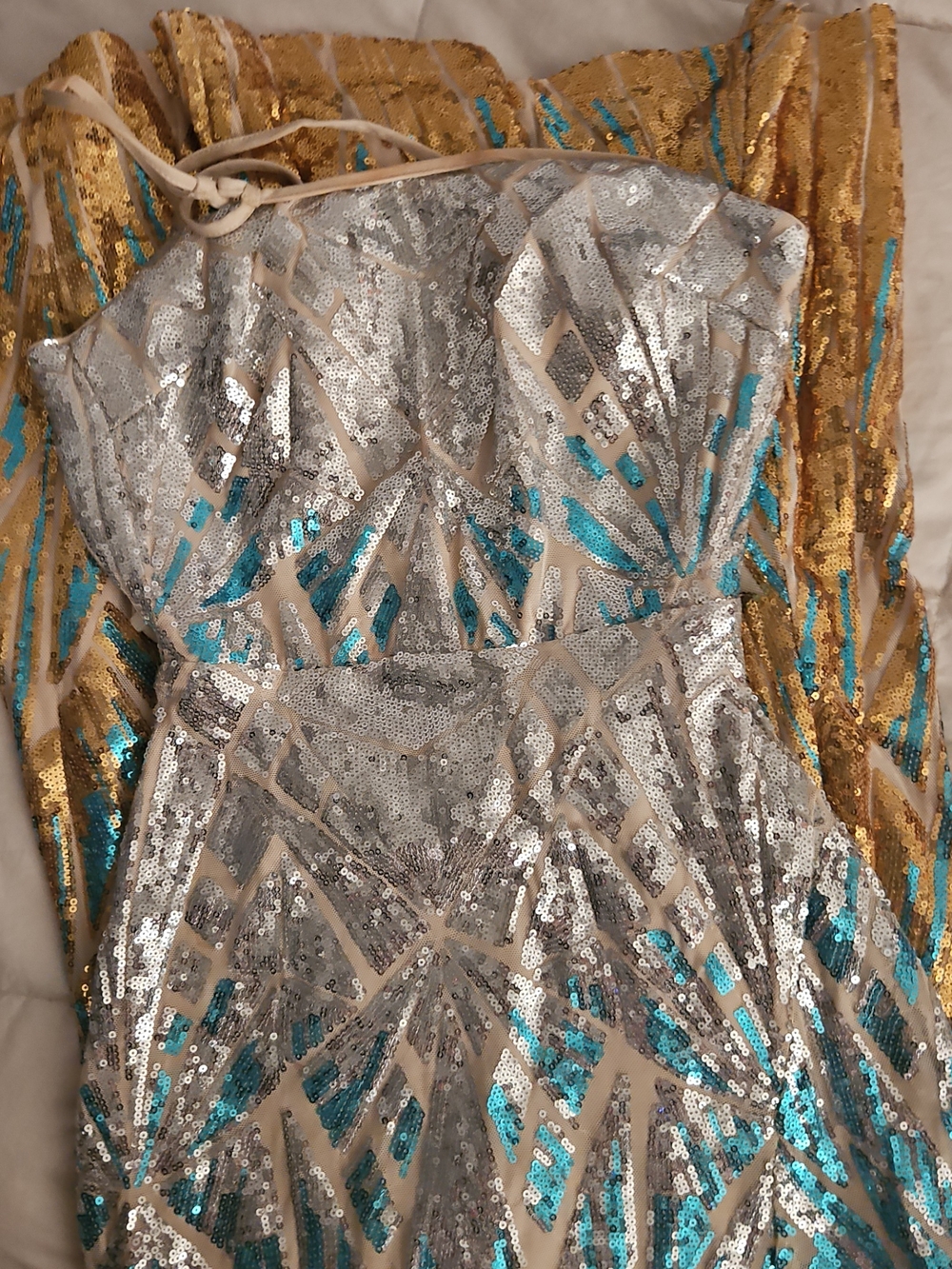 Silver & Teal Sequin Strapless Dress